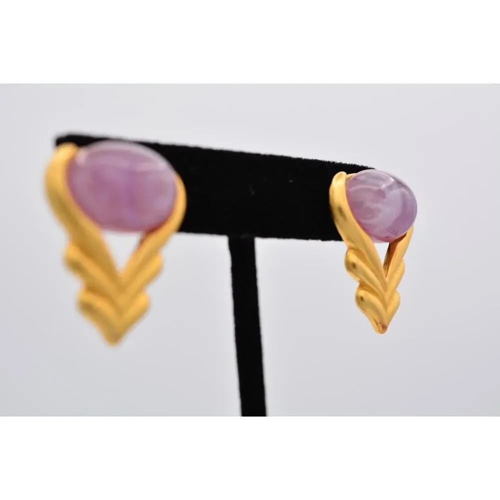 Vintage Cabochon Earrings Purple Marbled Lucite Brushed Gold Dangle Drop 90s 9L